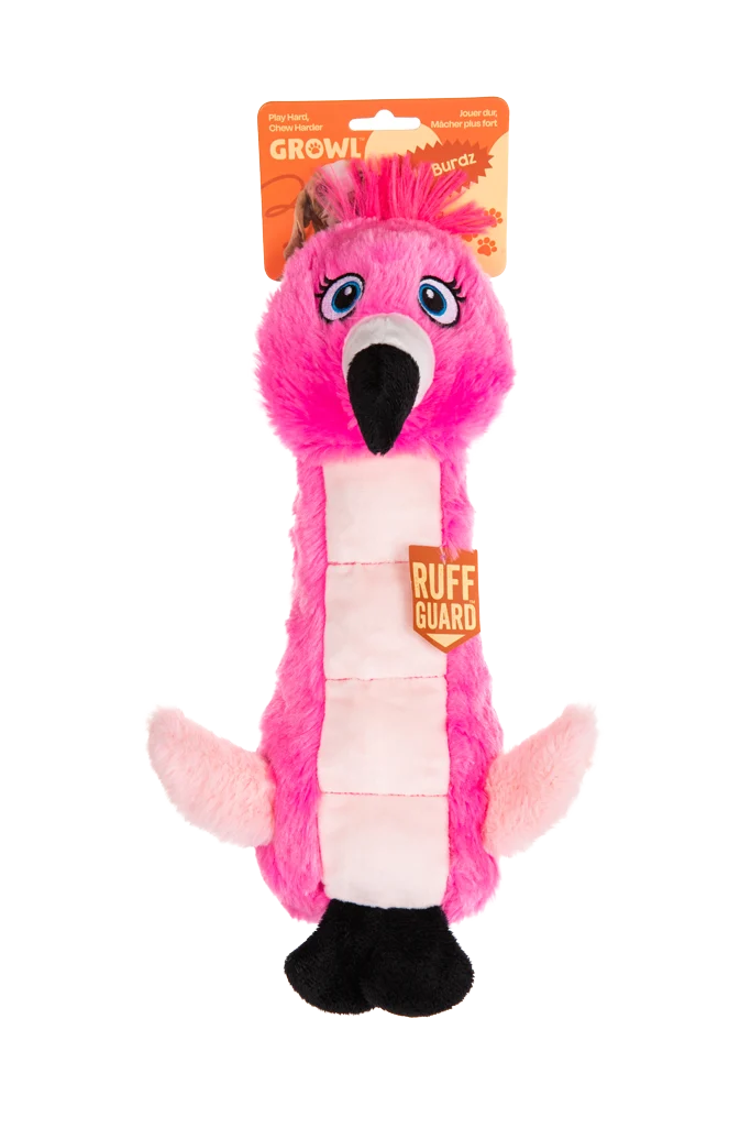 Peluche pour chien flamant rose avec tissu sonore et couineur – Growl Belly Burdz Fione le flamant rose – Image 1