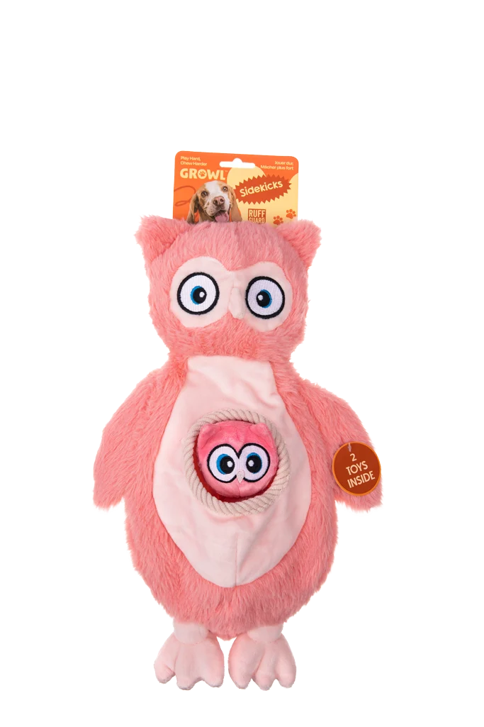 GROWL52044.png Peluche pour chien en peluche avec couineurs et 2 jouets cachés – Growl Sidekicks Hoot et Hootlet – Image 1