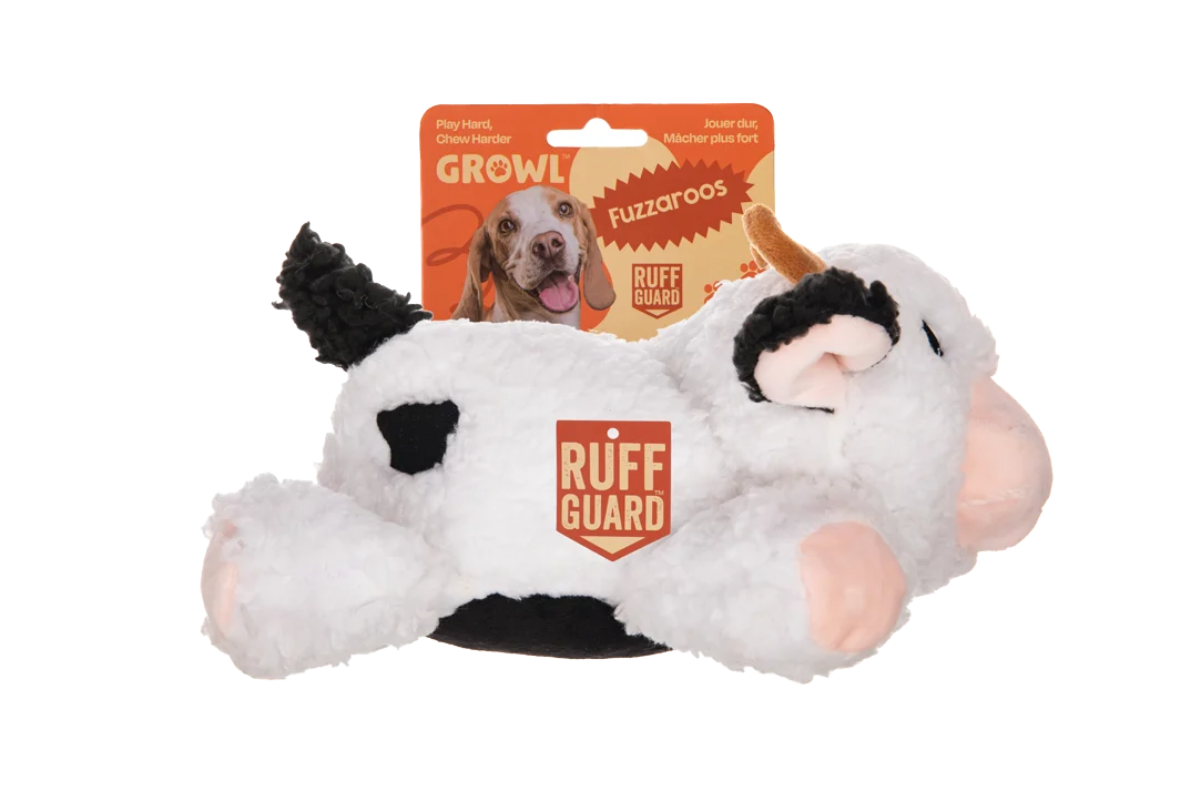 GROWL52046.png Peluche pour chien en sherpa avec grand couineur – Growl Fuzzaroos Coco la Vache – Image 1