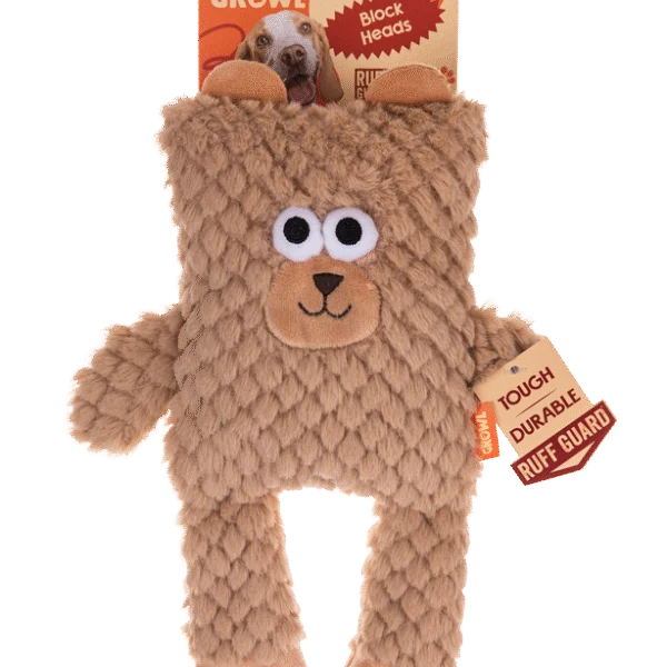 Peluche pour chien en forme de cube avec couineur – Growl Block Heads Boxy l’ours