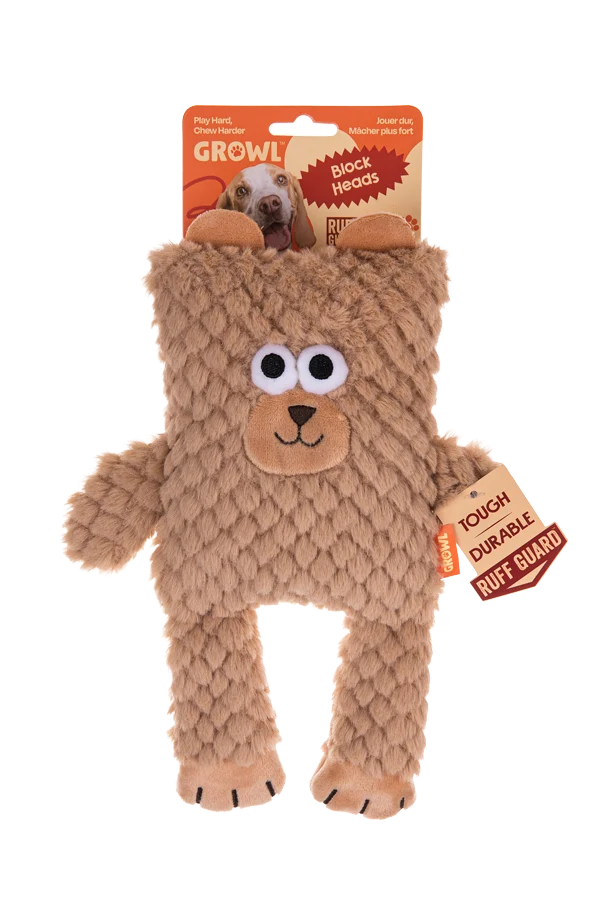 Peluche pour chien en forme de cube avec couineur – Growl Block Heads Boxy l’ours – Image 1
