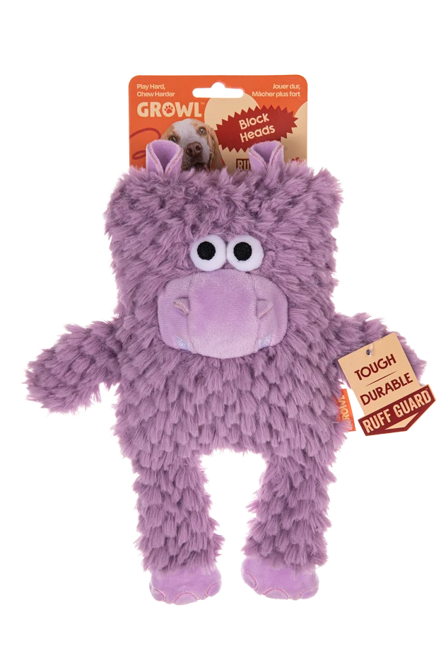Peluche pour chien en forme de bloc avec couineur – Growl Block Heads Chompy l’hippopotame – Image 1