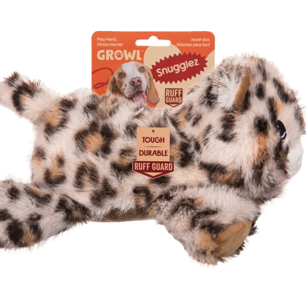 Peluche pour chien à coutures renforcées – Growl Snugglez Larry le léopard