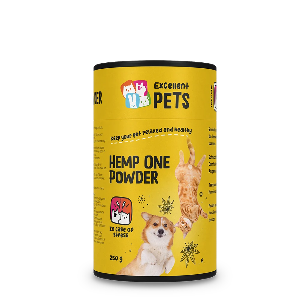 Poudre de fleurs de chanvre pour chiens et chats avec de la caroube, 250 g – Excellent Pets Hemp One Powder – Image 1