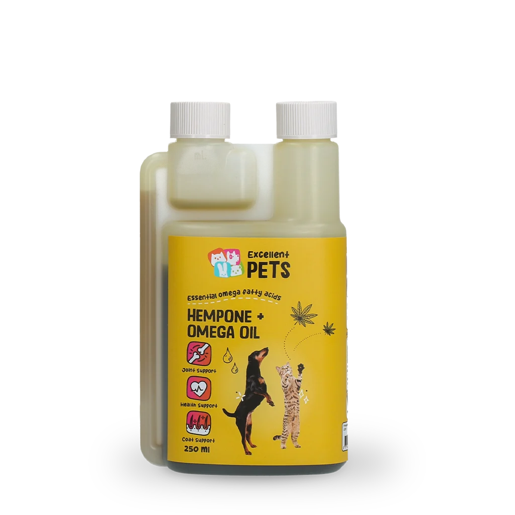 HEMP0251.png Mélange d’huiles pour chiens et chats à l’huile de graines de chanvre, 250 ml – Excellent Pets HempOne + Omega Oil – Image 1