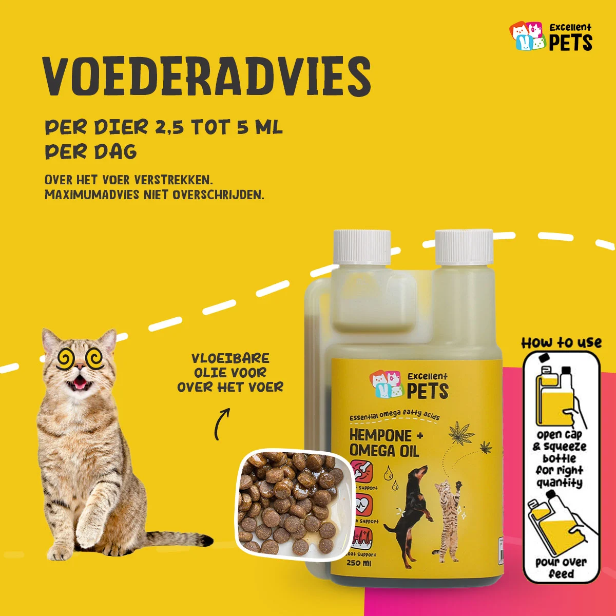 Mélange d’huiles pour chiens et chats à l’huile de graines de chanvre, 250 ml – Excellent Pets HempOne + Omega Oil – Image 2