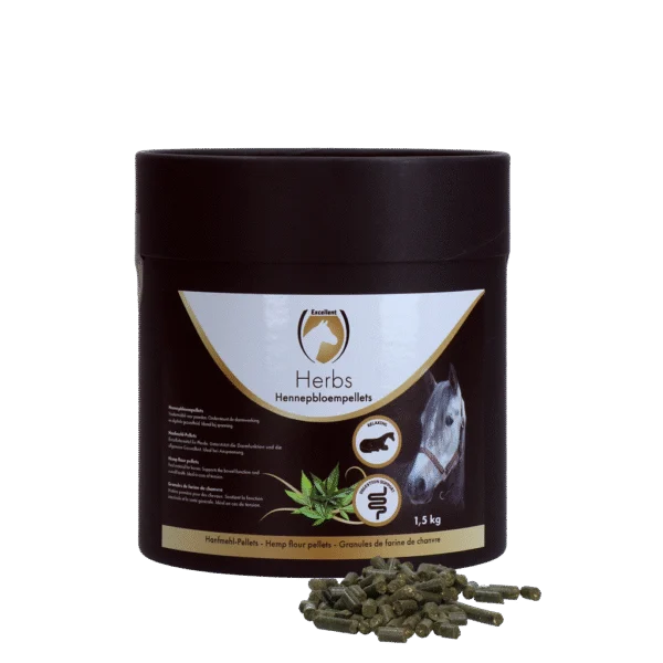 Granulés de fleurs de chanvre pour chevaux, pour soutenir le fonctionnement intestinal, 1,5 kg – Excellent Horse Herbs Hennepbloempellets