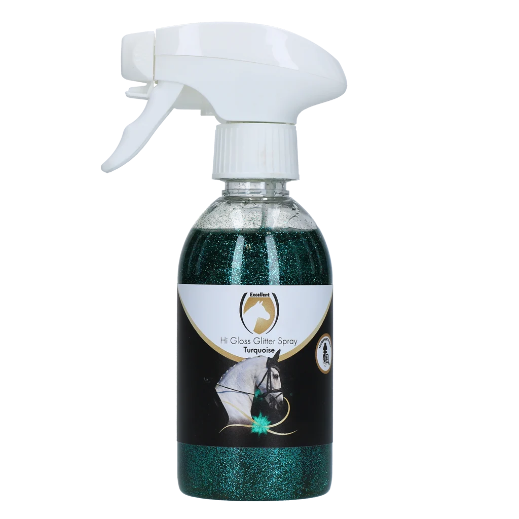 Spray pailleté pour le poil, la crinière et la queue, 250 ml – Excellent Horse Hi Gloss Glitter Spray Turquoise – Image 1