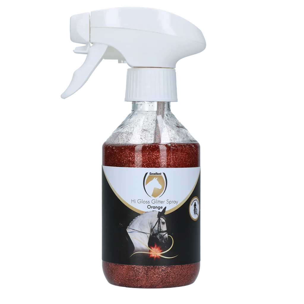 Spray pailleté pour le pelage, la crinière et la queue, 250 ml – Excellent Horse Hi Gloss Glitter Spray Orange – Image 1