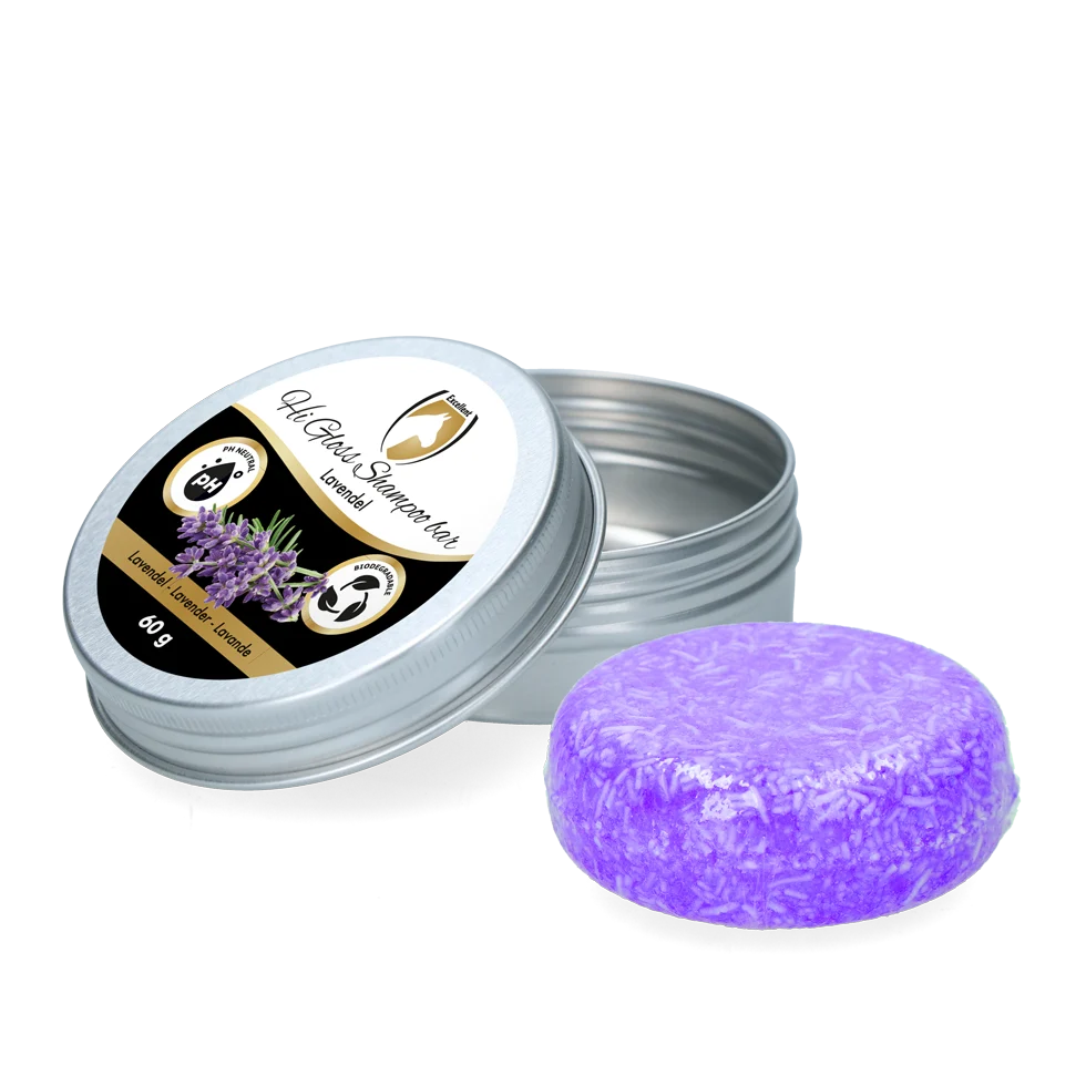 HIGL6051.png Shampoing solide pour chevaux avec après-shampoing, lavande, 60 g – Excellent Horse Hi Gloss Shampoo Bar – Image 1