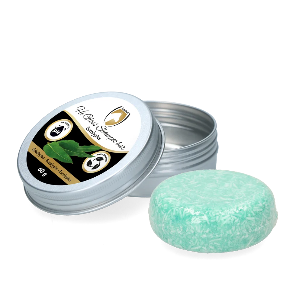 Shampooing solide pour chevaux avec après shampooing, eucalyptus, 60 g – Excellent Horse Hi Gloss Shampoo Bar – Image 1