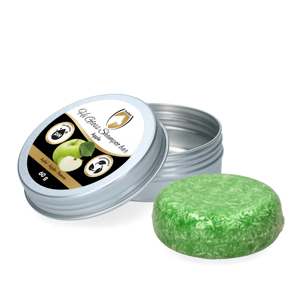 Shampooing solide pour cheval avec après-shampooing, Pomme, 60 g – Excellent Horse Hi Gloss Shampoo Bar – Image 1