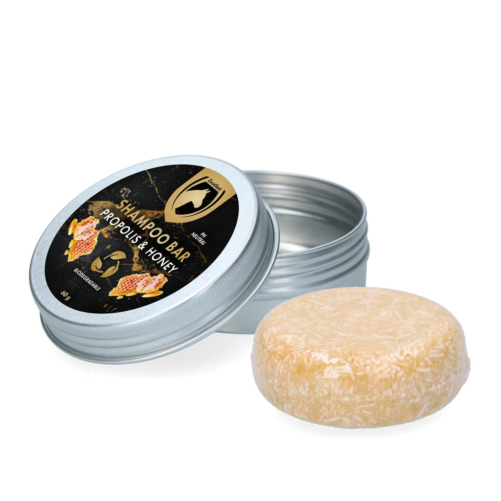 Shampoing solide pour chevaux avec après shampoing, à la propolis et au miel, 60 g – Excellent Horse Hi Gloss Shampoo Bar – Image 1