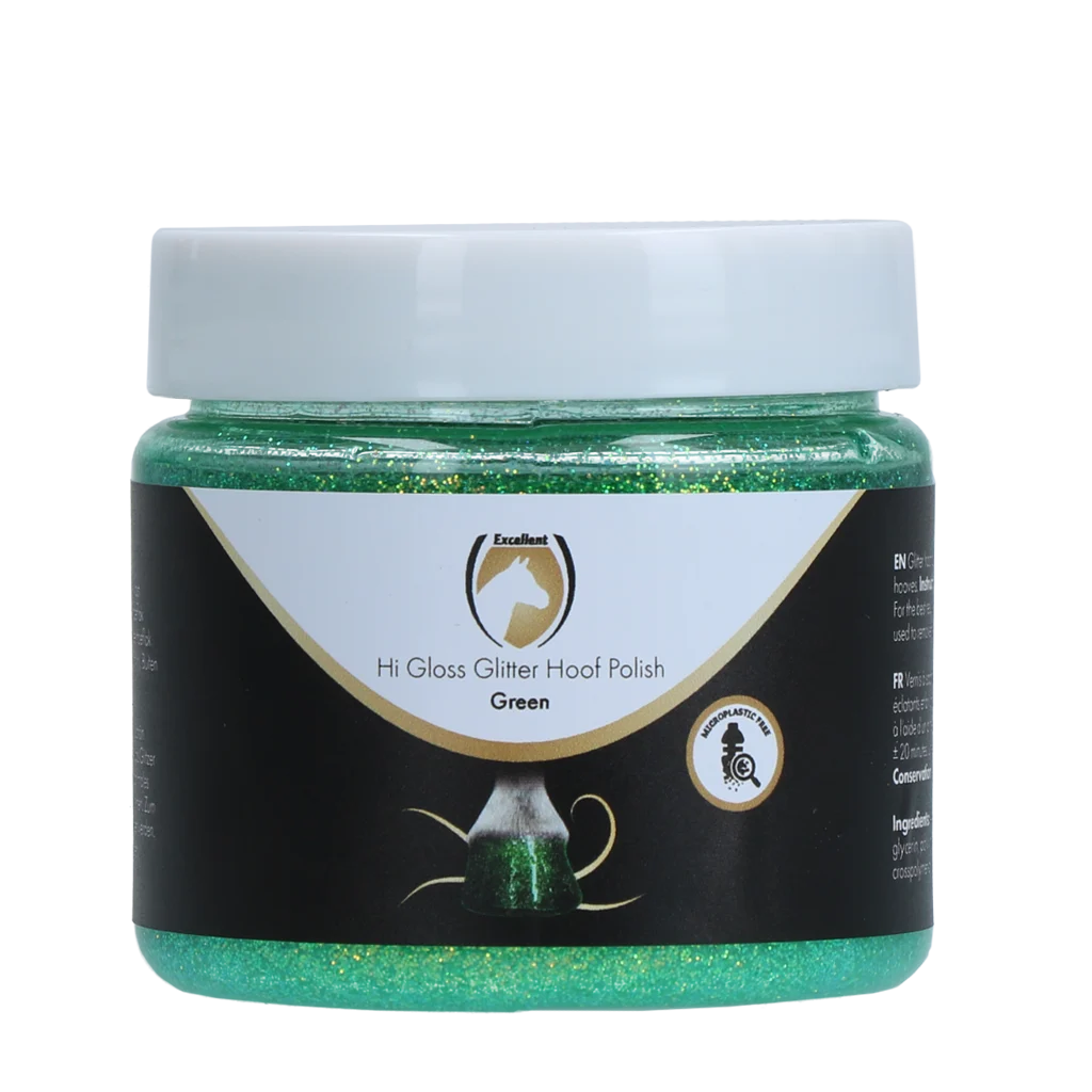 Vernis pailleté vert pour sabots, 150 ml – Excellent Horse Hi Gloss Glitter Hoof Polish – Image 1