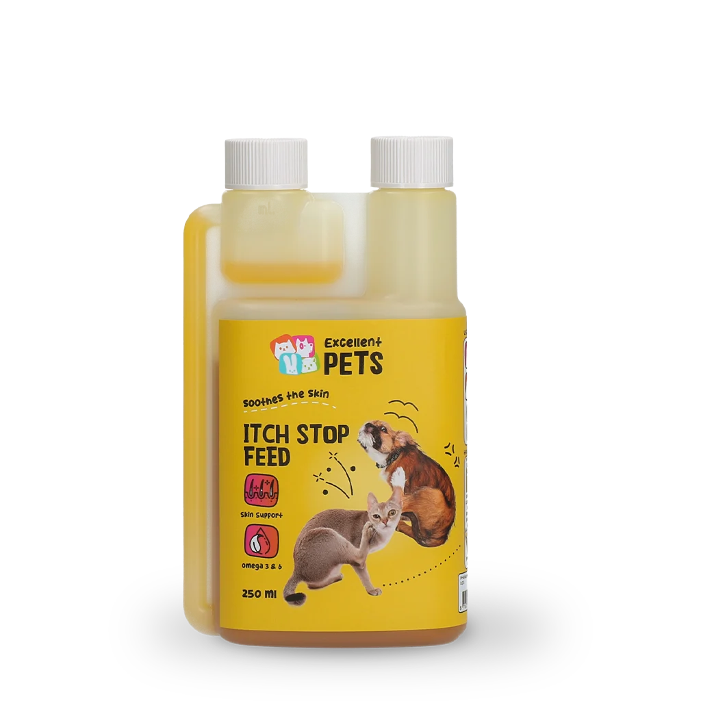 ITCH0010.png Huile alimentaire pour chiens et chats à la camomille, 250 ml – Excellent Pets Itch Stop Feed – Image 1