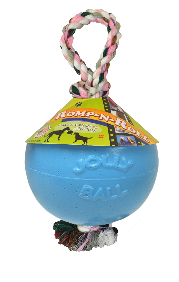 Balle pour chien avec corde, flottante, Myrtille M (15 cm) – Jolly Pets Romp-n-Roll – Image 1
