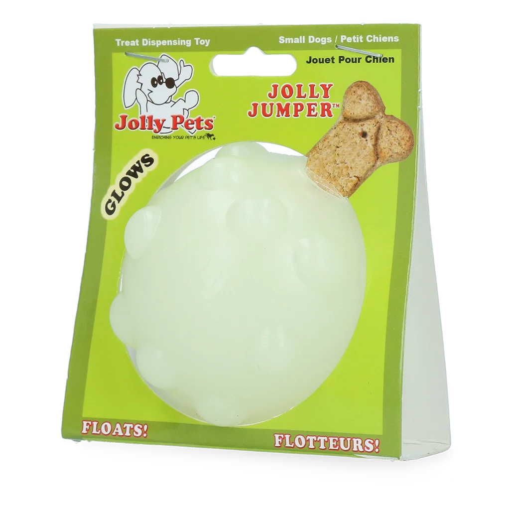 Balle distributrice de friandises pour chien en caoutchouc TPR, 7,6 cm – Jolly Pets Jolly Jumper Glow in the Dark S – Image 1
