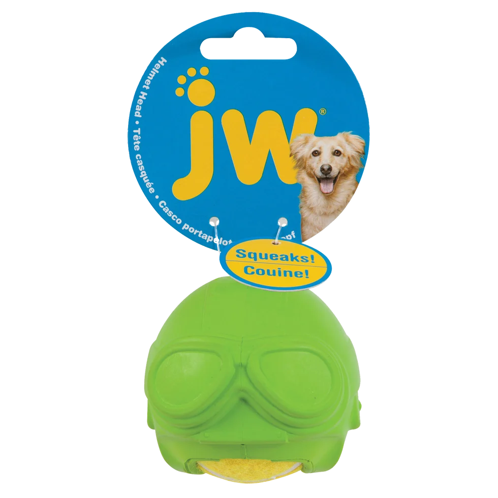 Balle de tennis pour chiens avec couinement et casque en caoutchouc – JW Helmet Heads Aviator – Image 1