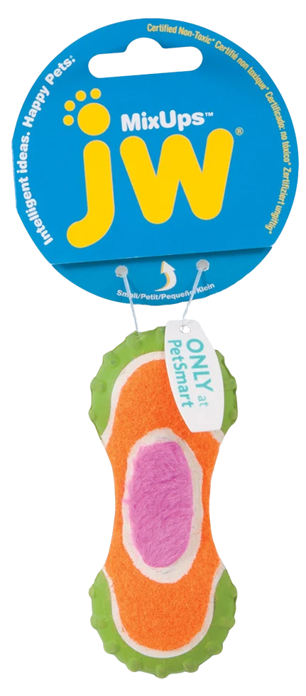 JW31031.png Jouet pour chien en peluche, caoutchouc et tissu de balle de tennis, 10 cm – JW Mixups Ribbed Barbell S – Image 1