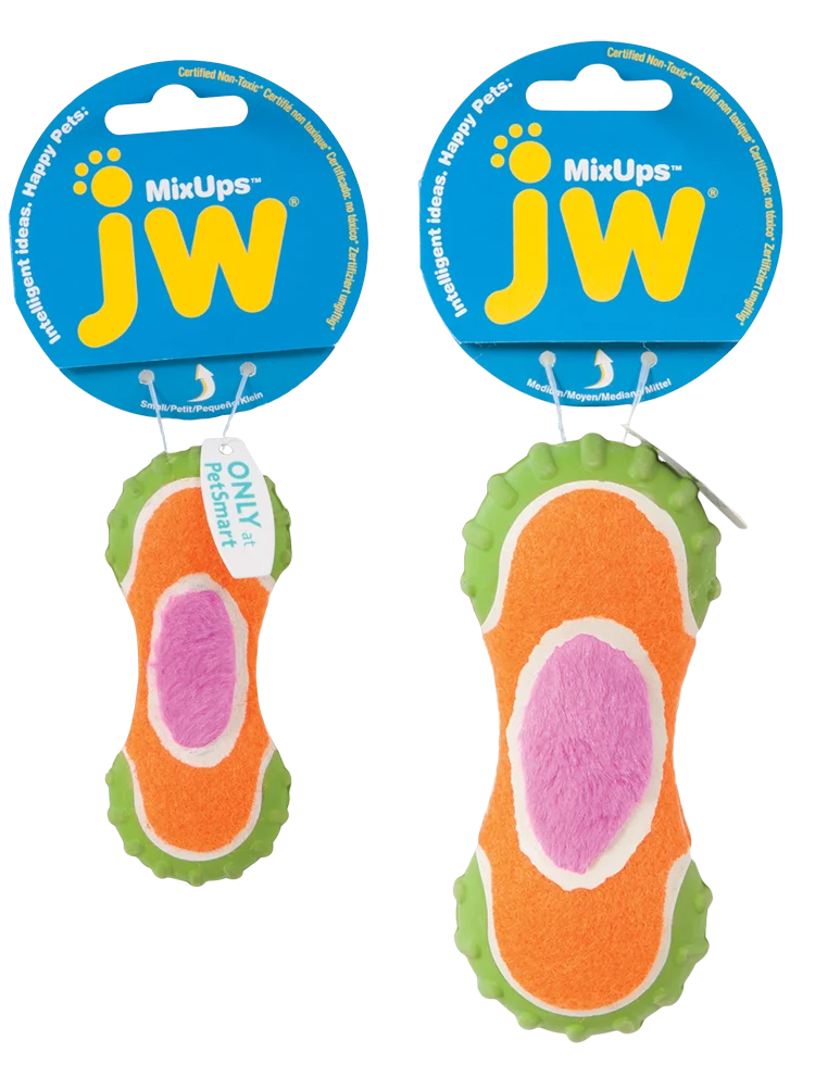Jouet pour chien en peluche, caoutchouc et tissu de balle de tennis, 10 cm – JW Mixups Ribbed Barbell S – Image 2