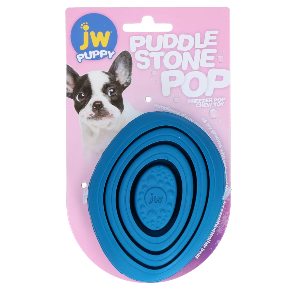 JW60634.png Jouet de dentition pour chiots en caoutchouc avec rainures pour y congeler de l’eau – JW Puddle Stone Pop – Image 1