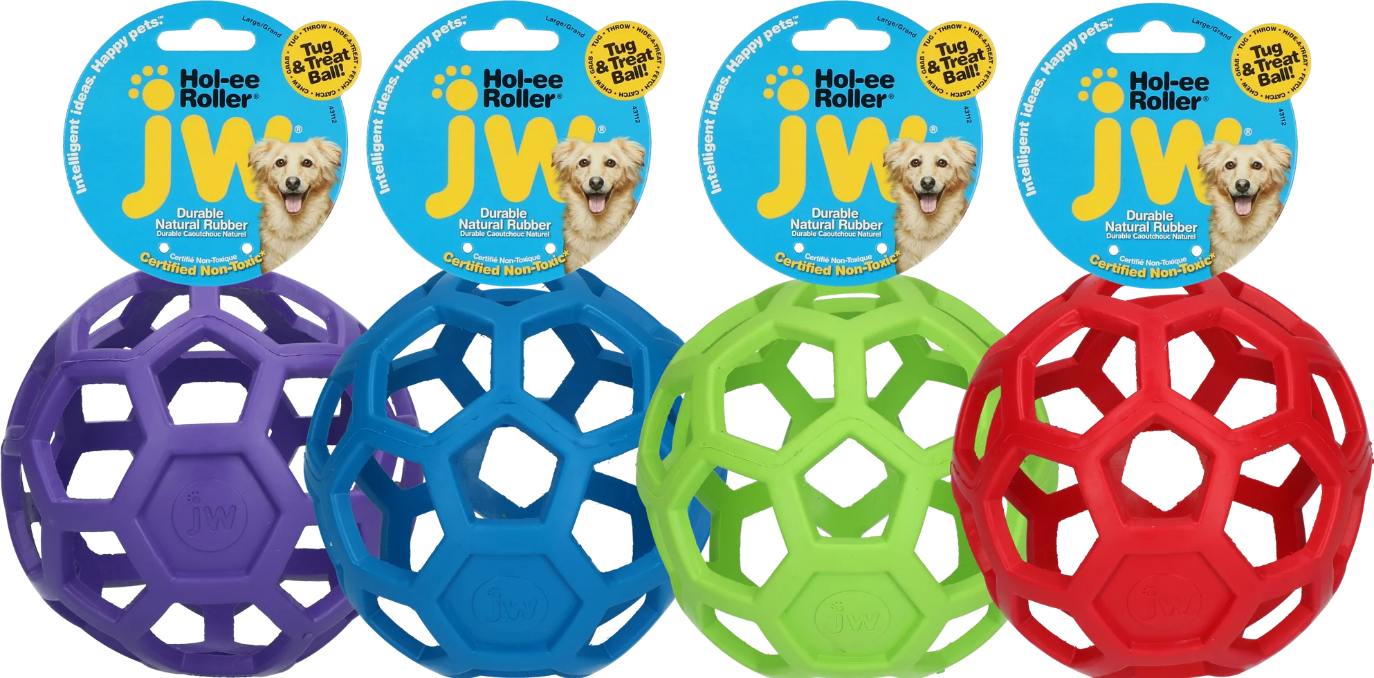 JWHO003_JWHO004_JWHO005_JWHO006_JWHO007GROEP.png Balle pour chien en caoutchouc naturel, à garnir de friandises, 19 cm, assortie – JW Hol-ee Roller – Image 1