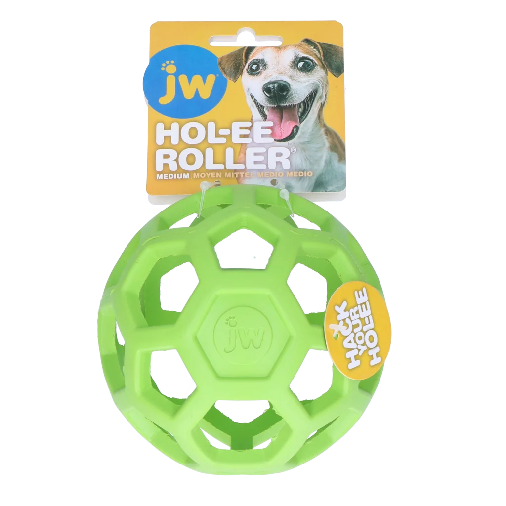 JWHO005G.png Balle pour chien en caoutchouc naturel, à garnir de friandises, 11,5 cm, vert – JW Hol-ee Roller – Image 1