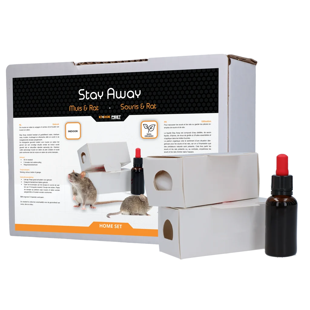 Kit répulsif contre les souris et les rats, liquide 30 ml et 2 boîtiers – Knock Pest Stay Away Muis Home Set – Image 1