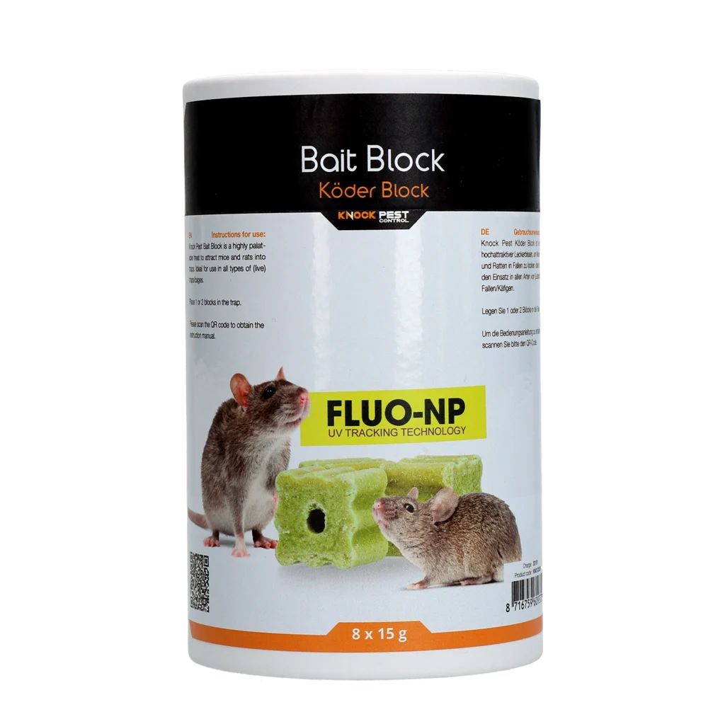 KNOC0209.png Blocs appâts pour souris et rats, 8 x 15 g – Knock Pest Lokmiddel Blok Fluo-NP – Image 1