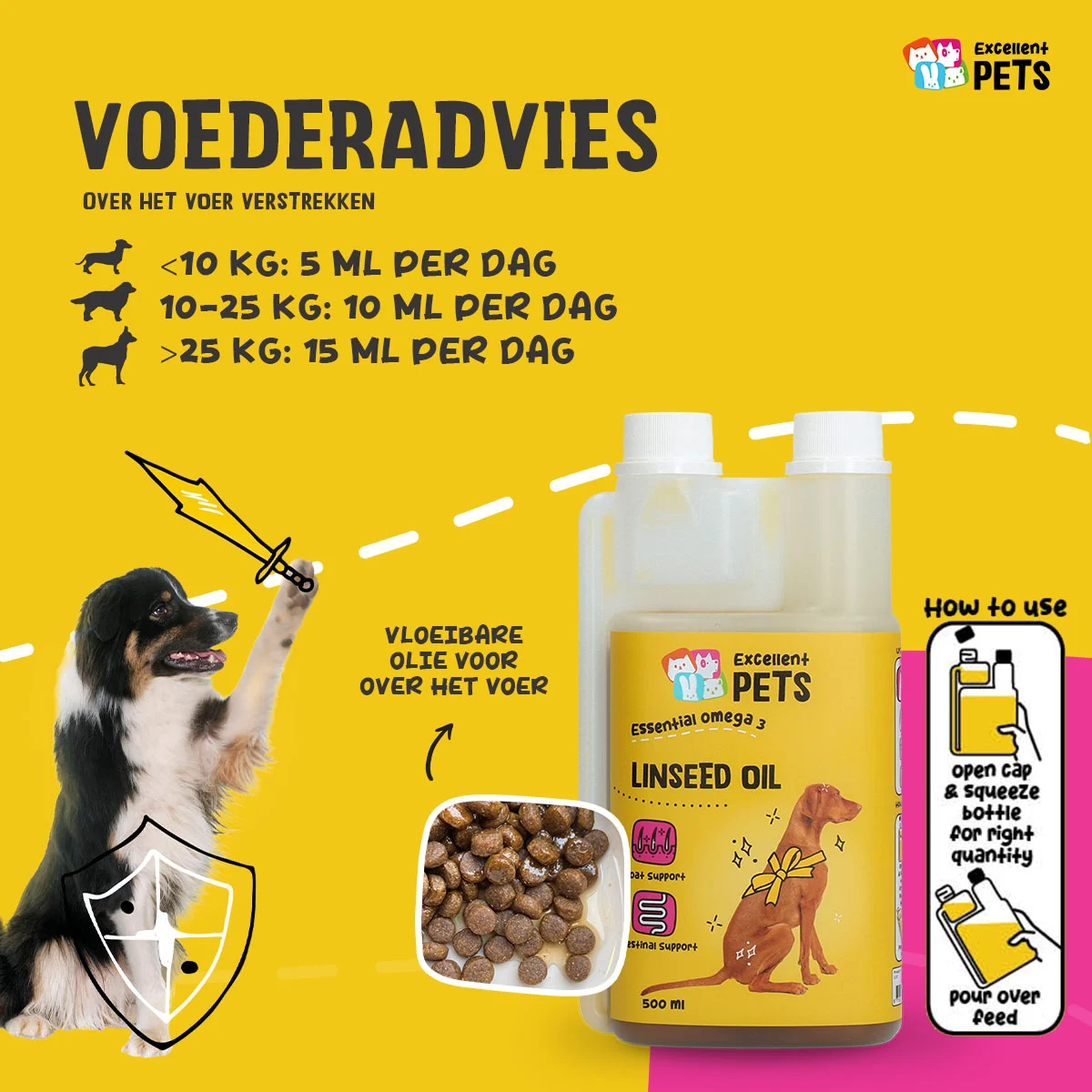 Huile de lin pour chiens avec oméga 3, pressée à froid, 500 ml – Excellent Pets Linseed Oil – Image 2