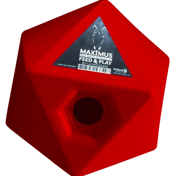 Cube distributeur pour chevaux rouge, ouverture pour friandises de 37 mm – Maximus Feed & Play Cube