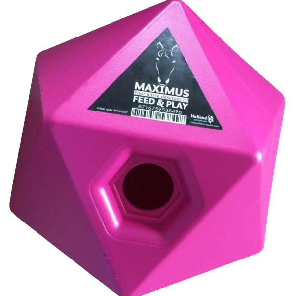 Cube distributeur de friandises pour chevaux rose, ouverture de 37 mm – Maximus Feed & Play Cube