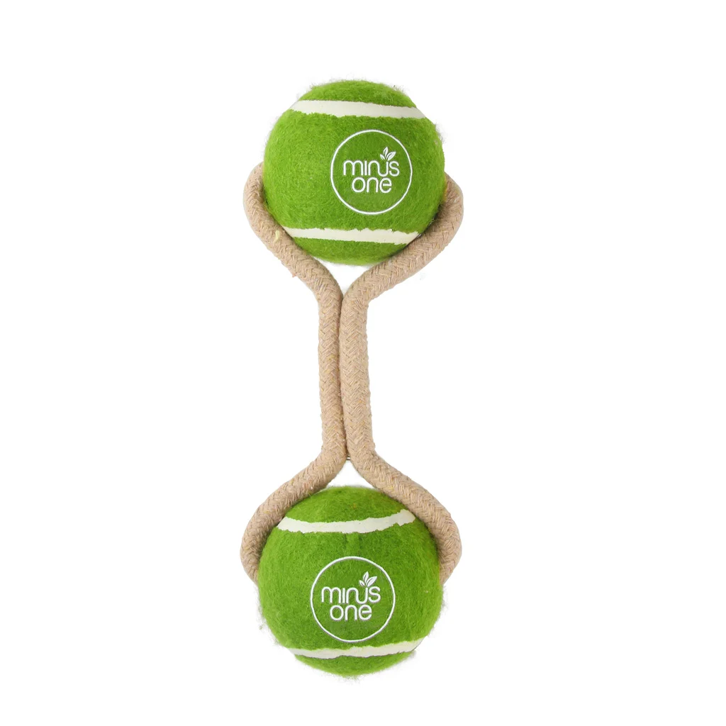 MINU37117.jpg Balles de tennis avec corde, 2 pièces – Minus One Dog Tennis Ball Rope Toy Double Meadow – Image 1