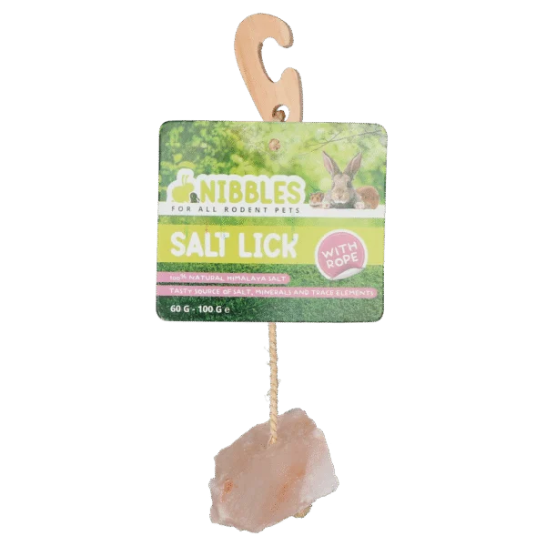 Pierre à lécher en sel de l’Himalaya pour rongeurs avec attache en bois – Nibbles Himalaya