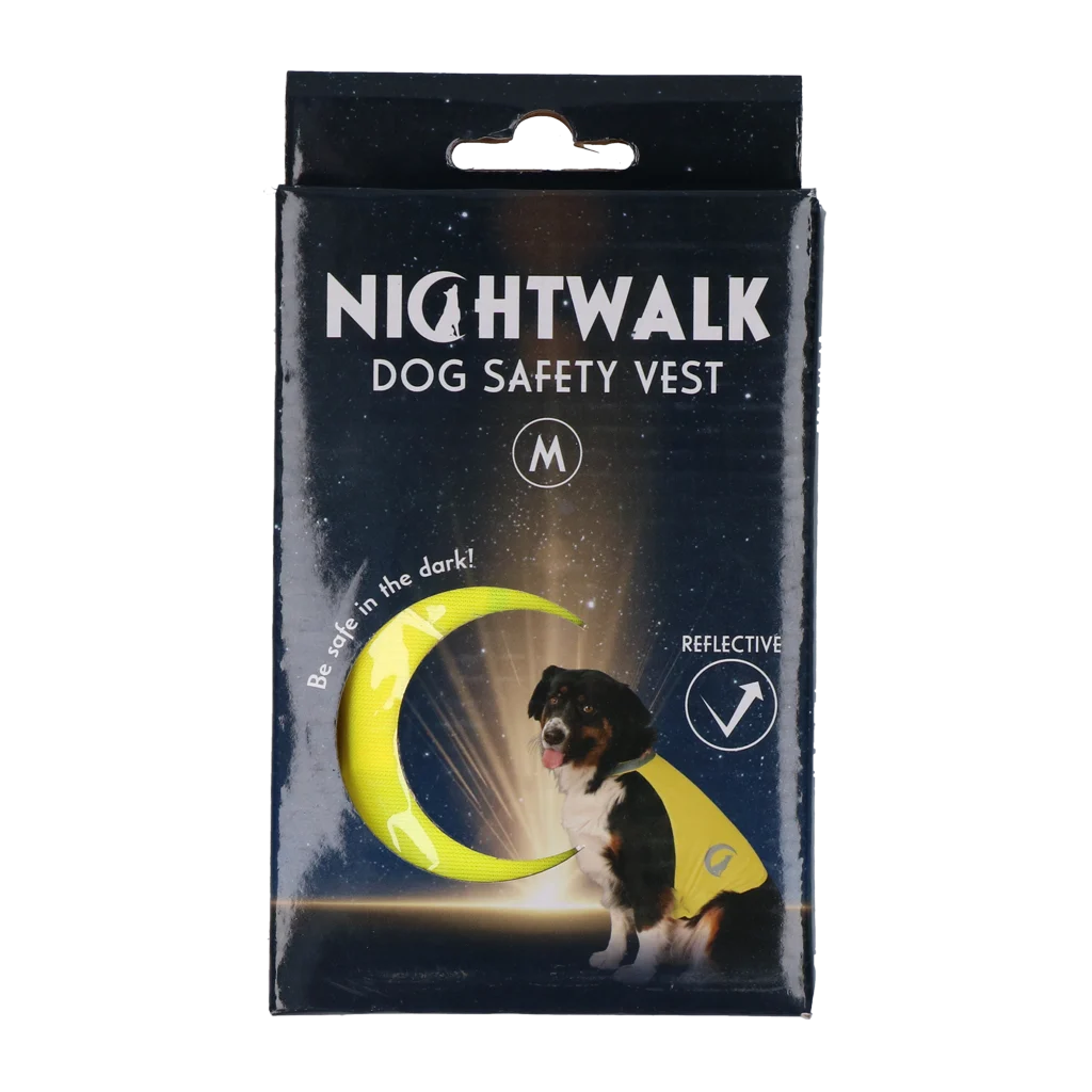 NIGH056.png Gilet de sécurité pour chien avec éléments réfléchissants et fermeture velcro jaune M – Nightwalk Safety Vest – Image 1