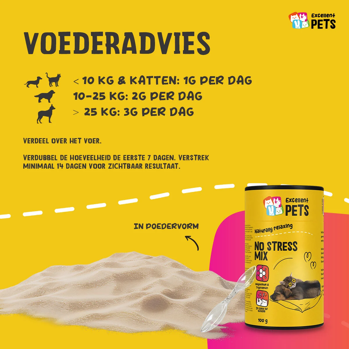 Poudre complémentaire anti stress pour chiens et chats, 100 g – Excellent Pets No Stress Mix – Image 3