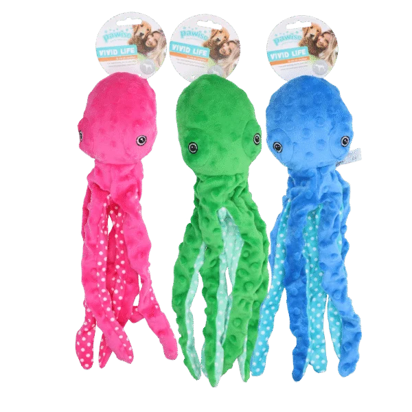Peluche poulpe pour chien avec couineur, assortie, S – Pawise Multicolor Plush Octopus (3 colour assorted) S