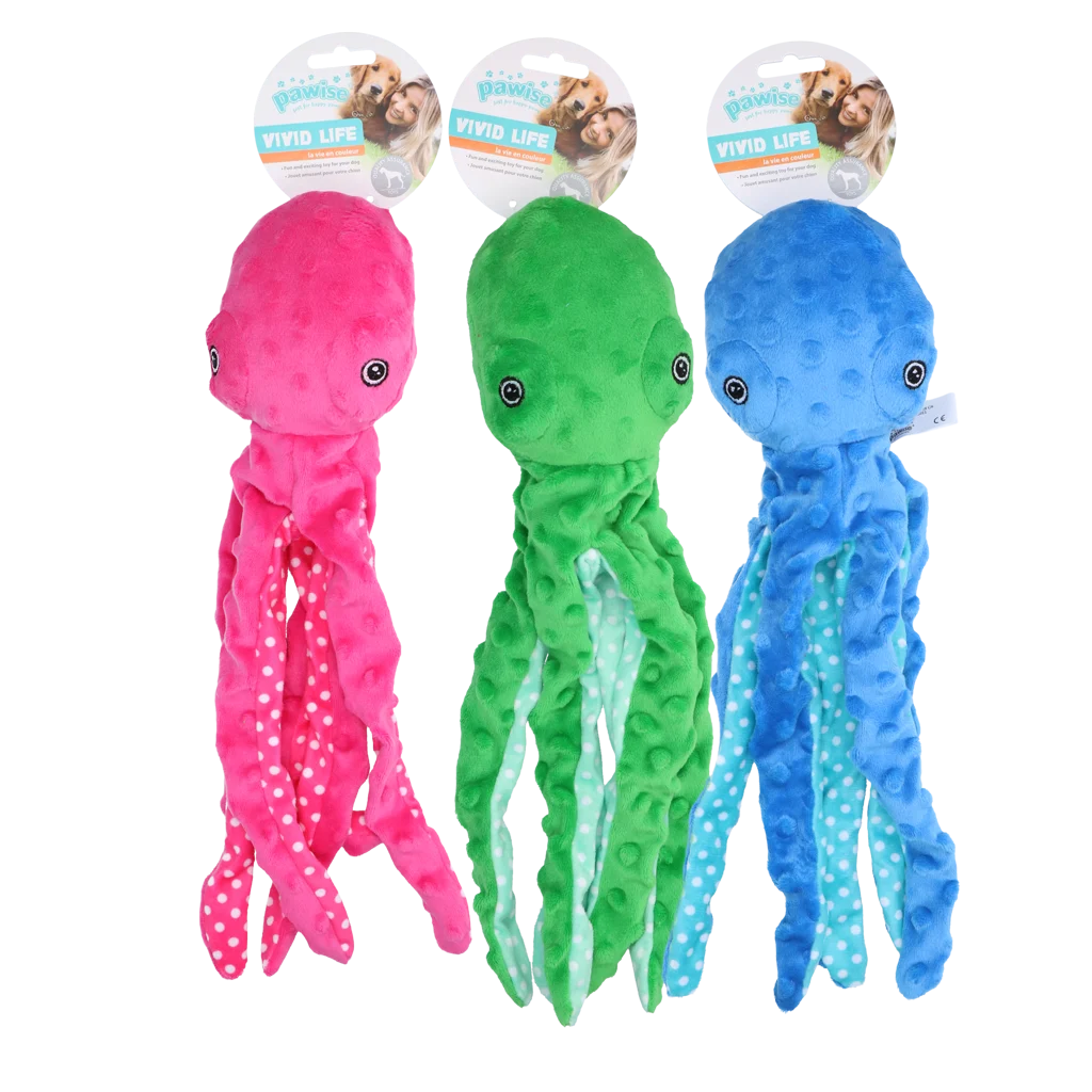 Peluche poulpe pour chien avec couineur, assortie, S – Pawise Multicolor Plush Octopus (3 colour assorted) S – Image 1
