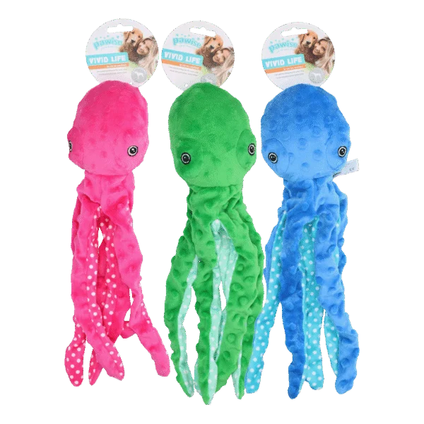 Peluche pour chien pieuvre avec couineur, coloris assortis, L – Pawise Multicolor Plush Octopus (3 colour assorted) L