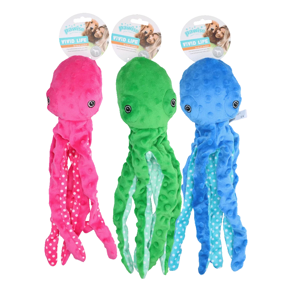 Peluche pour chien pieuvre avec couineur, coloris assortis, L – Pawise Multicolor Plush Octopus (3 colour assorted) L – Image 1