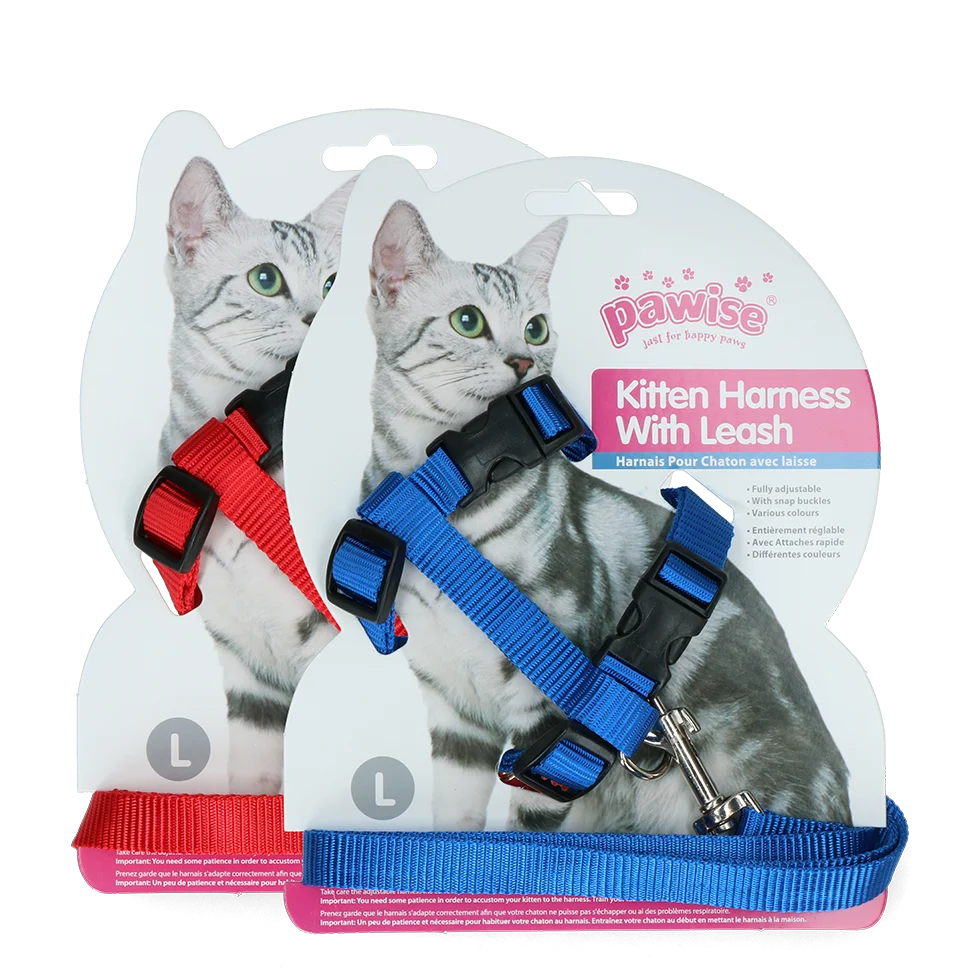Harnais pour chat avec laisse, taille L, coloris assortis rouge ou bleu – Pawise Kitten Harness With Leash – Image 1
