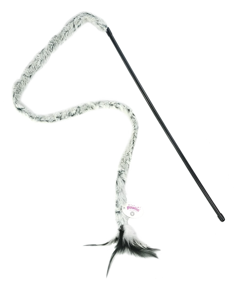 Canne à pêche pour chat avec queue en peluche et plumes, baguette de 46 cm – Pawise Cat Teaser Plush Tail – Image 2