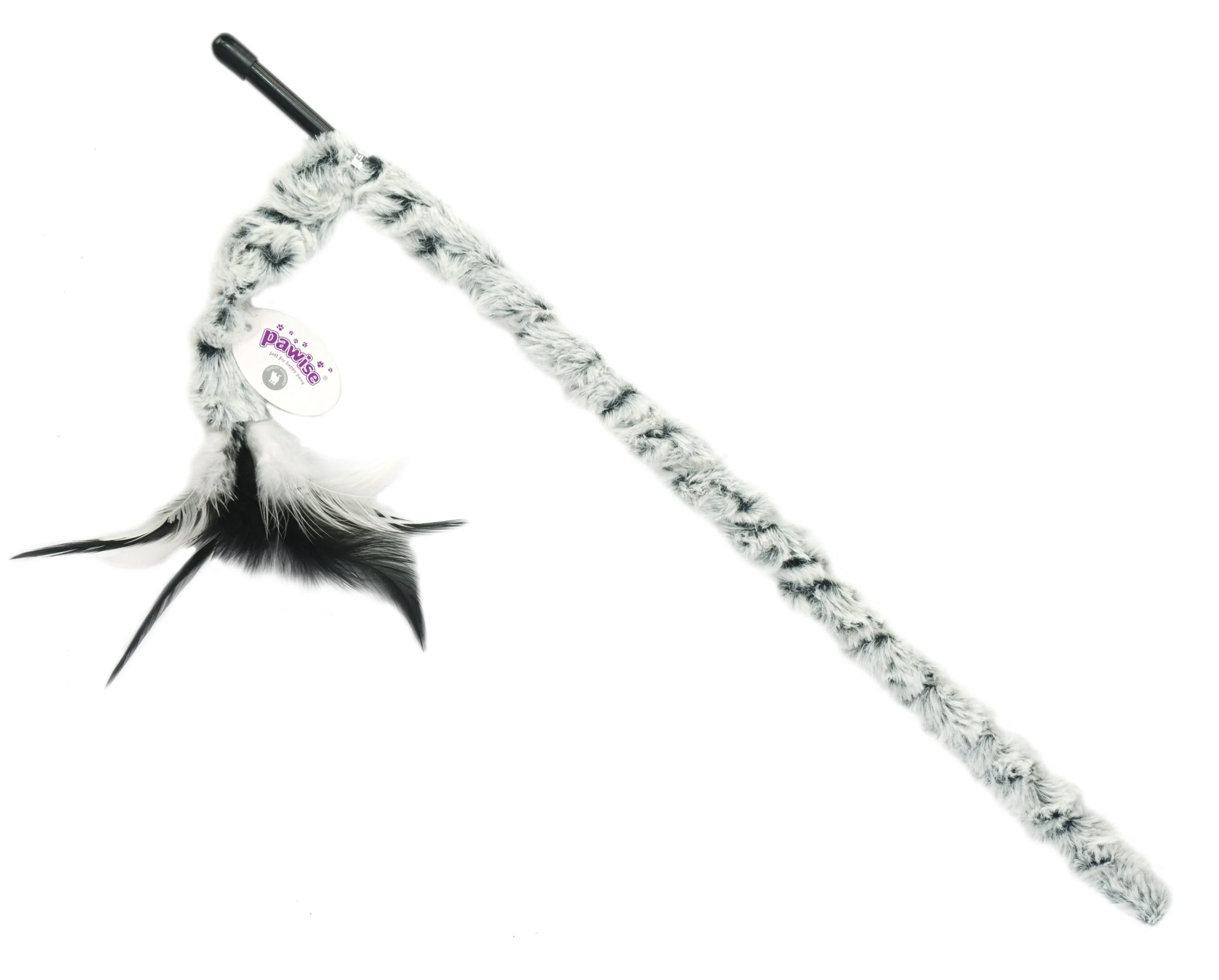 PAWI280941.jpg Canne à pêche pour chat avec queue en peluche et plumes, baguette de 46 cm – Pawise Cat Teaser Plush Tail – Image 1