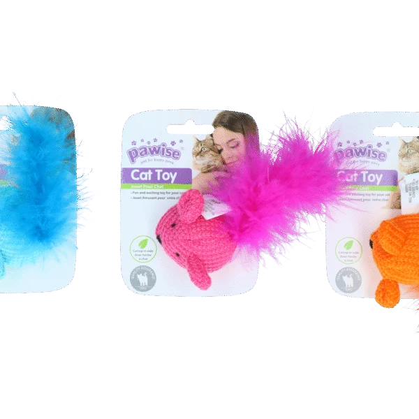 Souris en laine avec herbe à chat et plumes, 14 cm – Pawise Cat Toy Wool Mouse