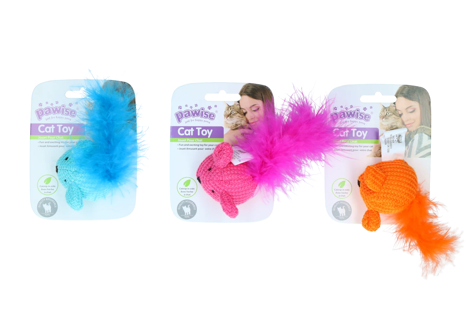 PAWI28123.png Souris en laine avec herbe à chat et plumes, 14 cm – Pawise Cat Toy Wool Mouse – Image 1