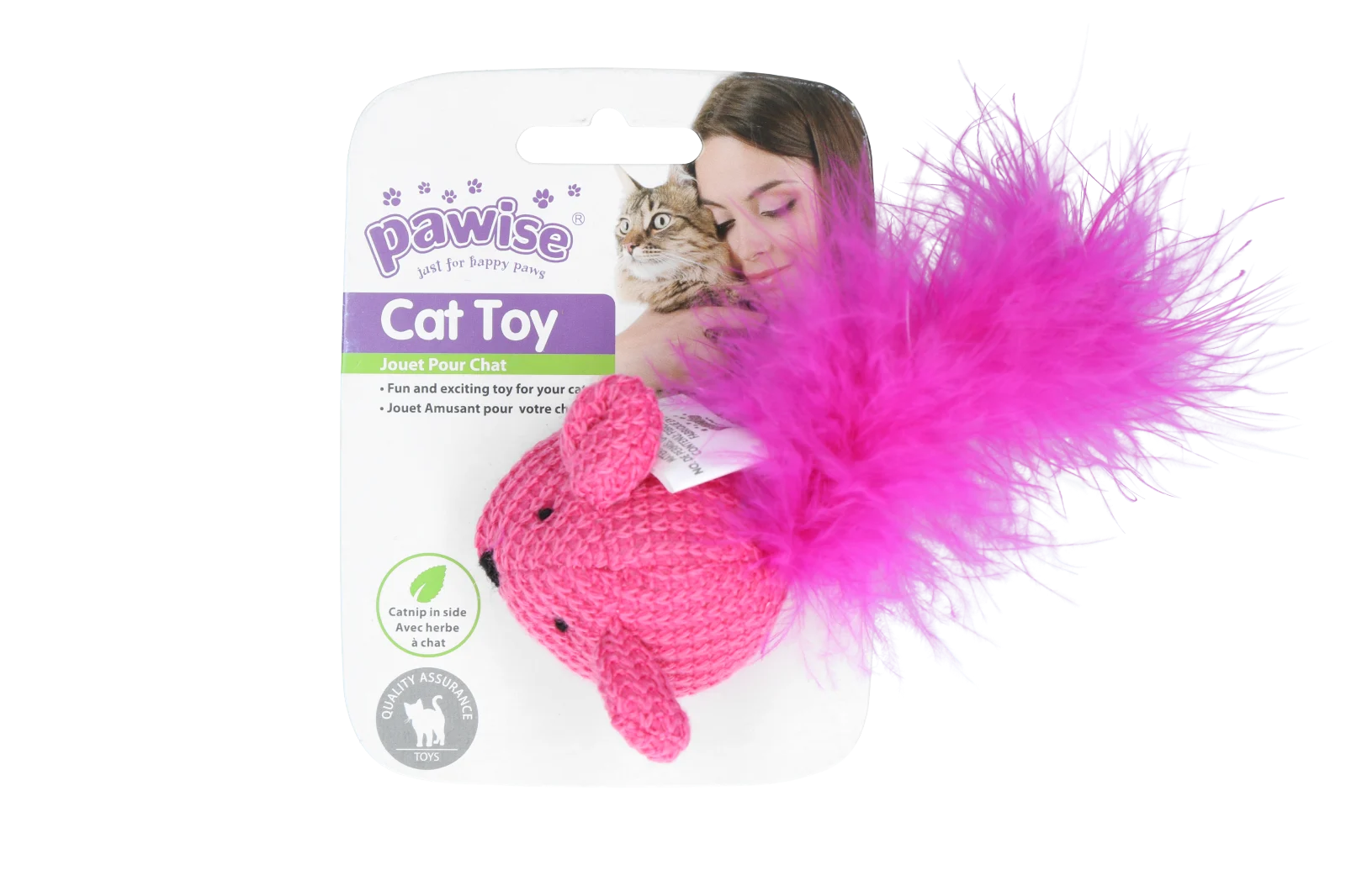 Souris en laine avec herbe à chat et plumes, 14 cm – Pawise Cat Toy Wool Mouse – Image 3