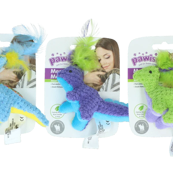 Peluche pour chat avec herbe à chat et plumes, 12 x 12 cm – Pawise meow meow life Dinosaurus
