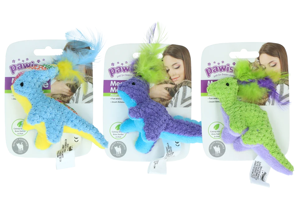 Peluche pour chat avec herbe à chat et plumes, 12 x 12 cm – Pawise meow meow life Dinosaurus – Image 1