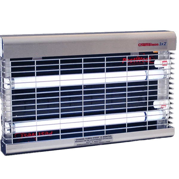 Destructeur d’insectes électrique mural avec plaque engluée, acier inoxydable et grille chromée – PestWest Chameleon 1x2