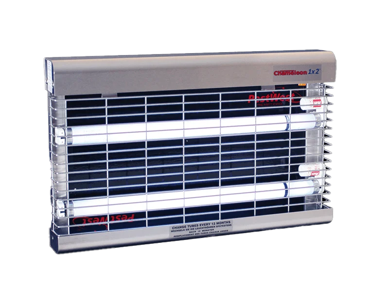 PEST125171.png Destructeur d’insectes électrique mural avec plaque engluée, acier inoxydable et grille chromée – PestWest Chameleon 1x2 – Image 1